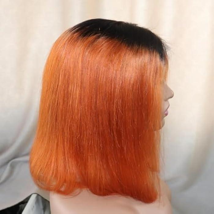 ECIF Hum an Hai Lace Wig Bob Straight HairBlonde 4x4 Free Part Lace Closure Wig Black to Orange Ombre Wig Transparent Lace Wig 1B/Orange Ombre WigS for Black Women 8 Inches (20.23 cm) - Image 3